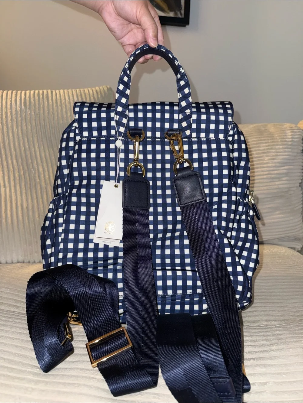 Tory Burch Navy and White Checked Backpack - Picture 2 of 2